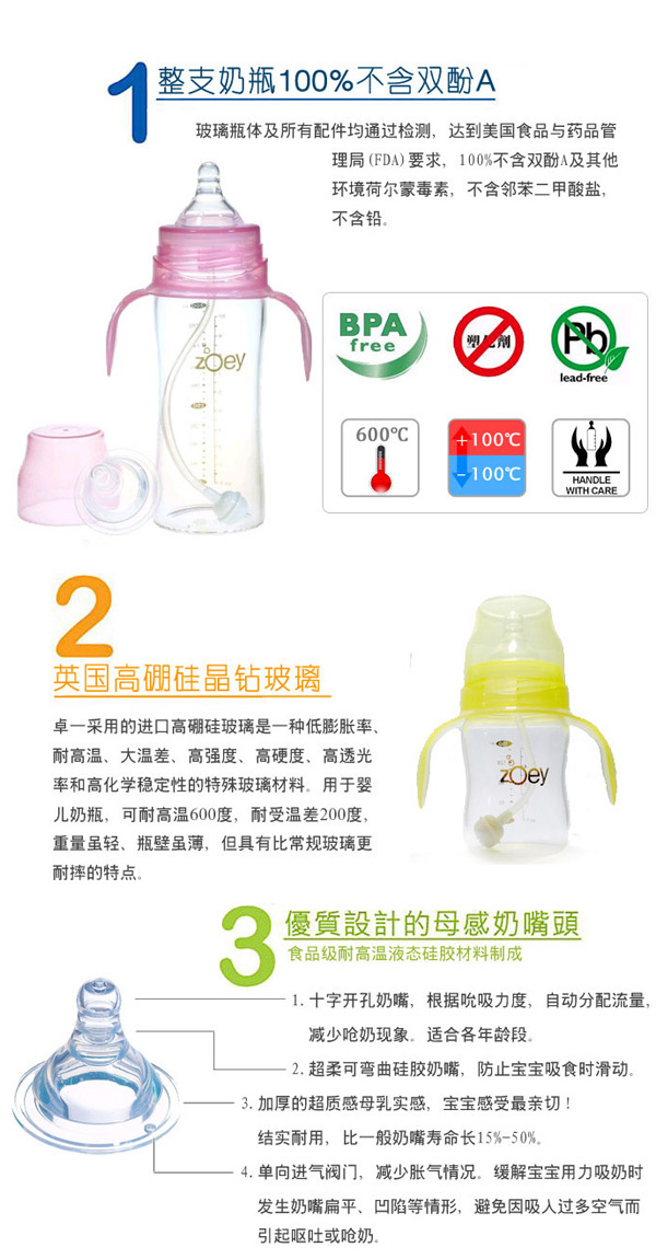 卓一zoey寬口徑高硼硅玻璃奶瓶簡(jiǎn)介