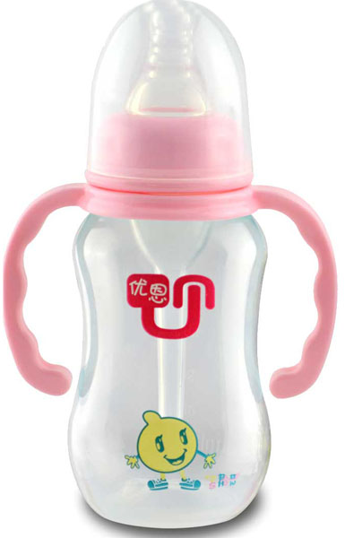 優(yōu)恩粉色標口帶手柄防脹氣PP奶瓶180ml
