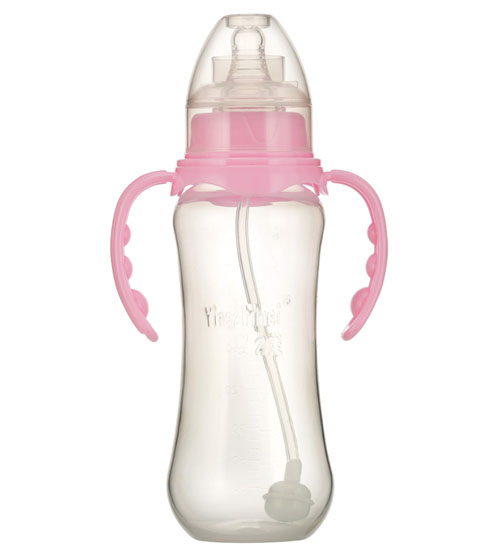 嬰之美標(biāo)口自動雙耳圓弧PP奶瓶300ML粉色