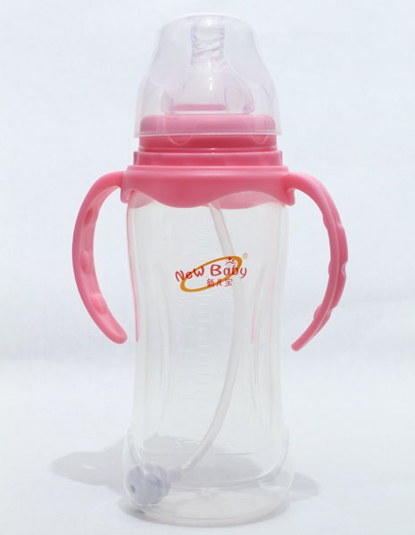新兒寶粉紅色寬口330ml雙耳自動圓腰形PP奶瓶