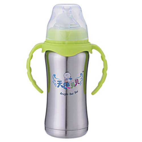 天使貝貝帶手柄兒童不銹鋼奶瓶綠色
