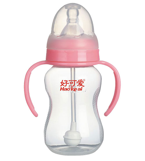 好可愛標(biāo)口自動(dòng)吸管手柄弧形奶瓶180ml