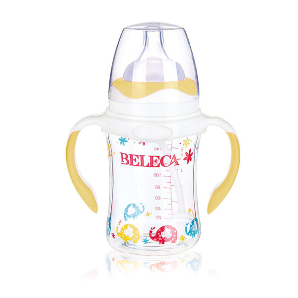 貝樂(lè)嘉黃色卡通小象雙柄防摔玻璃奶瓶