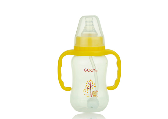 果兒180ML標(biāo)口PP弧型自動吸奶瓶黃色