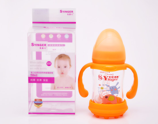 尚yinge寬口抗摔自動(dòng)有柄玻璃奶瓶150ML橙色