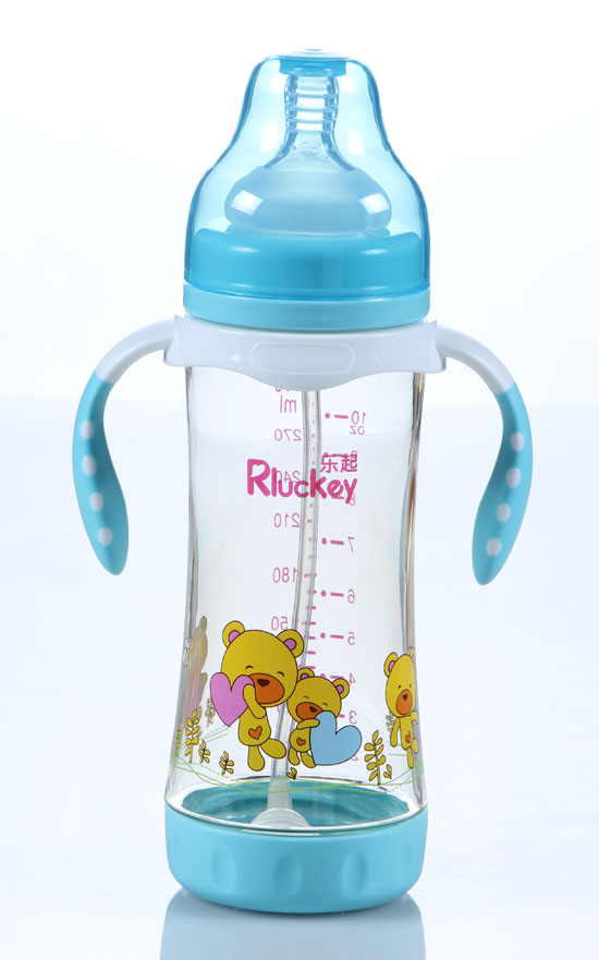 樂起帶柄寬口徑300ML防滑奶瓶藍色