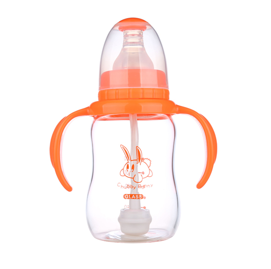 丘比兔標(biāo)準(zhǔn)口徑玻璃葫蘆型自動(dòng)把手奶瓶120ML橙色