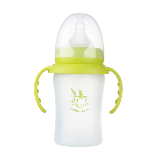 丘比兔寬口徑硅膠自動把手奶瓶青色