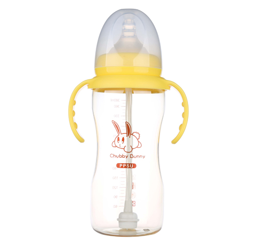 丘比兔PPSU寬口徑葫蘆型自動把手奶瓶380ML黃色