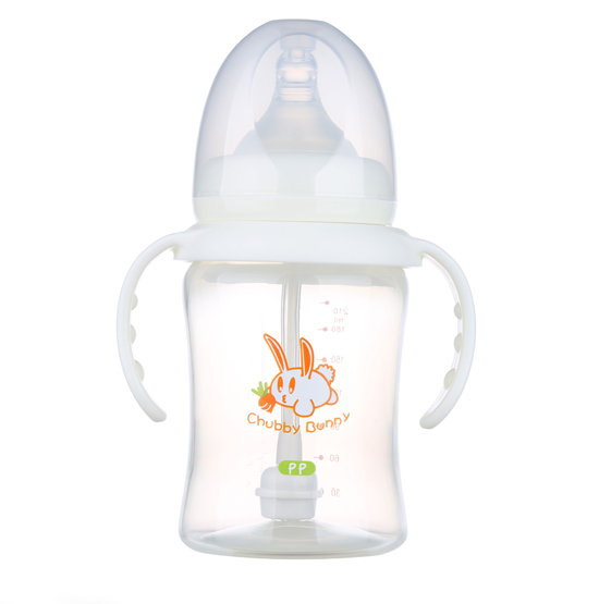 丘比兔PP寬口徑葫蘆型自動把奶瓶210ML白色