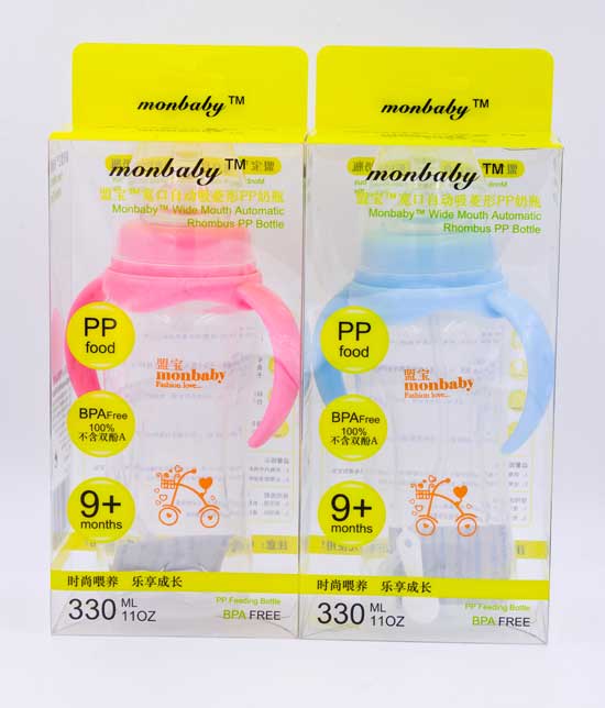 盟寶330ml寬口自動吸菱形PP奶瓶