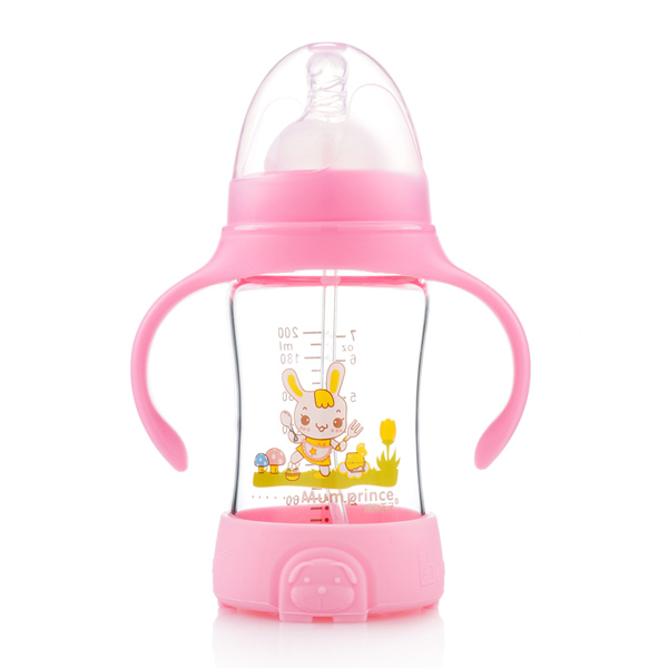 媽咪王子防摔晶鉆玻璃自動吸寬口200ml奶瓶 粉色