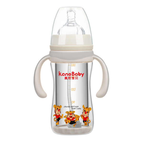 康尼寶貝弧形寬口有柄自動(dòng)防爆玻璃奶瓶180ml 灰色