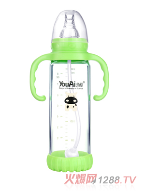 幼愛帶柄自動(dòng)吸防摔感溫晶鉆玻璃標(biāo)口奶瓶240ml