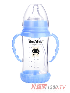 幼愛帶柄自動(dòng)吸防摔感溫晶鉆玻璃寬口奶瓶240ml