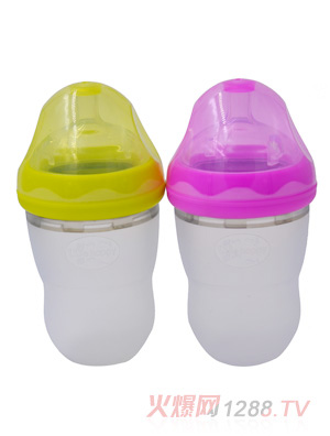 喂嗨皮220ML超寬口徑安撫型硅膠奶瓶綠色粉色