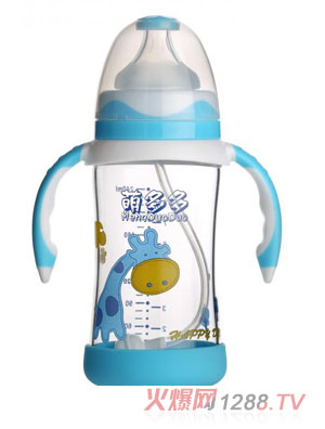 萌多多寬口直身晶鉆玻璃240ml雙色蘭白底防護自動奶瓶