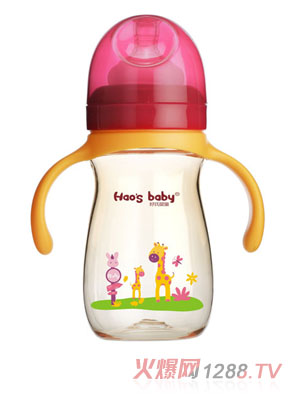 好氏嬰童長(zhǎng)頸鹿印花紅色雙柄奶瓶（中）