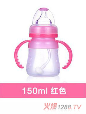 母愛寶寶全硅膠奶瓶yinge寬口徑帶吸管手柄防脹氣新生yinge寶寶紅