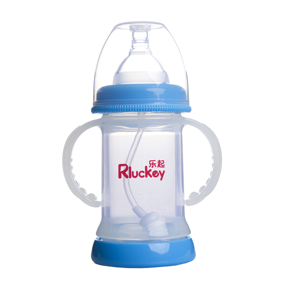 樂起寬口雙層防爆有耳自動晶鉆玻璃底部透氣奶瓶150ml藍(lán)色